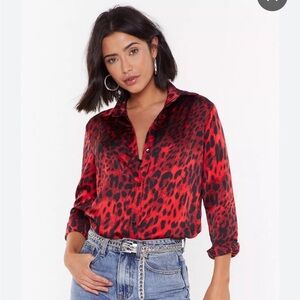 NASTY GAL Red Leopard Print Satin Button-Up Blouse, SZ 2